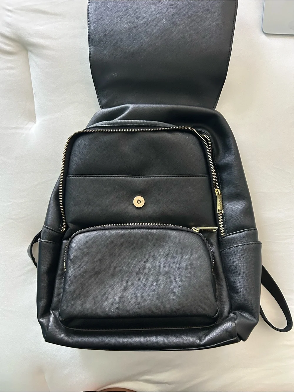 Black Leather-Look Backpack with Gold Accent